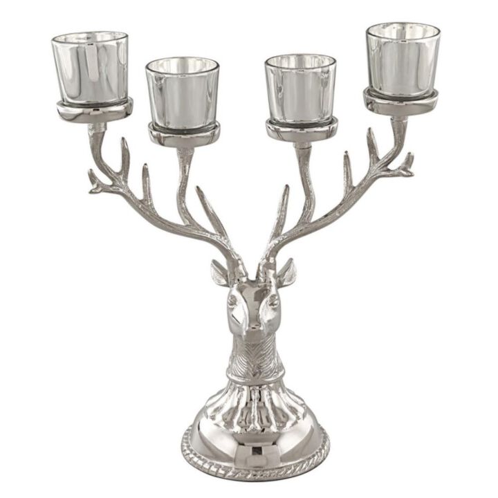 Hivvago Reindeer Candle Holder Christmas Ornament for 4 Candles Aluminum Decoration-Silver