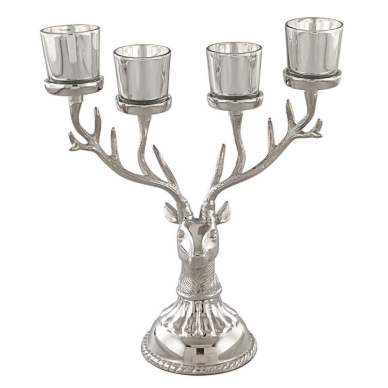 Hivvago Reindeer Candle Holder Christmas Ornament for 4 Candles Aluminum Decoration-Silver