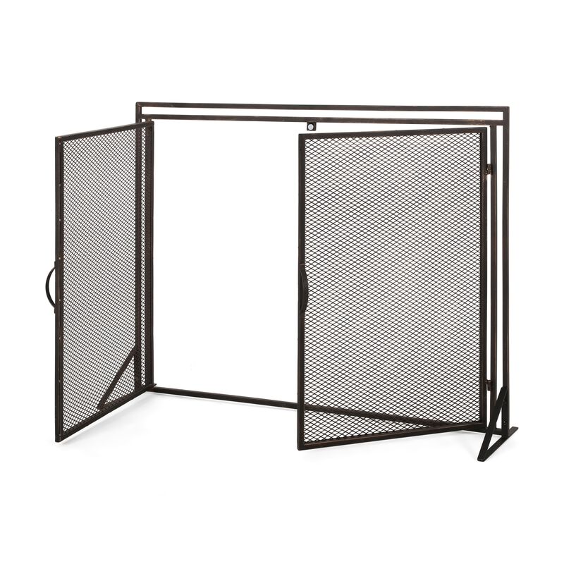 31x40 Fireplace Screen, 2 Door Diamond Mesh Design, Black Bronze Iron -Benzara