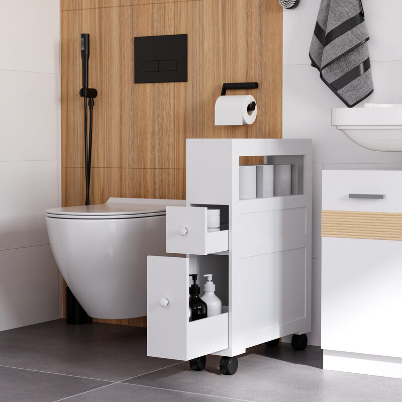Wooden Rolling Narrow Bathroom Storage Side Cabinet w/ Slide-Out Shelf