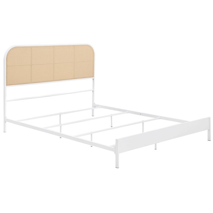 Ammy Queen Bed, Radio Weave Headboard, Brown Faux Rattan, White Metal  - Benzara