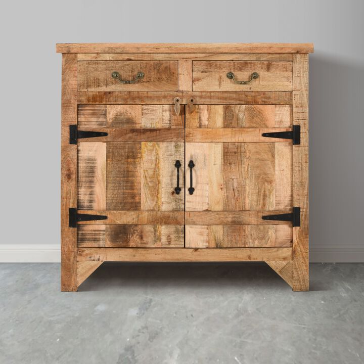 39 Inch Artisanal Farmhouse Style 2 Drawer Mango Wood Cabinet Console with 2 Door Storage, Rustic Brown - Benzara
