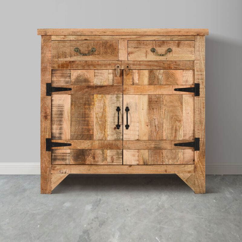 39 Inch Artisanal Farmhouse Style 2 Drawer Mango Wood Cabinet Console with 2 Door Storage, Rustic Brown - Benzara