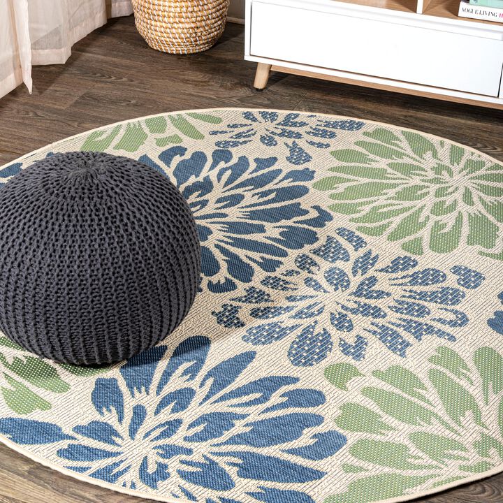 Zinnia Modern Floral Textured Weave Navy/Aqua. Indoor/Outdoor Runner Rug