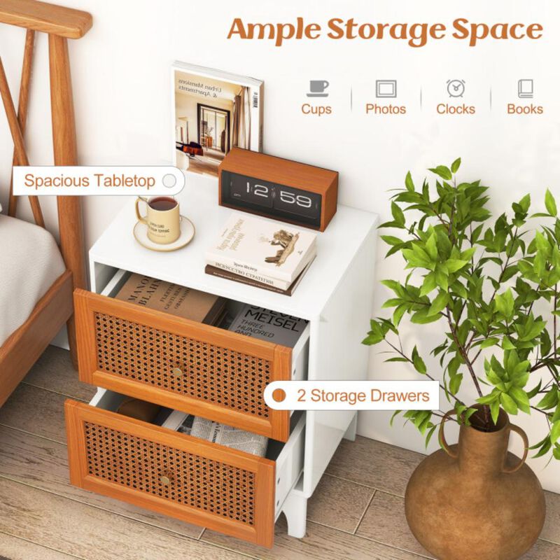 Hivvago Boho Accent Table Nightstand with 2 Handwoven Rattan Decorated Drawers-White