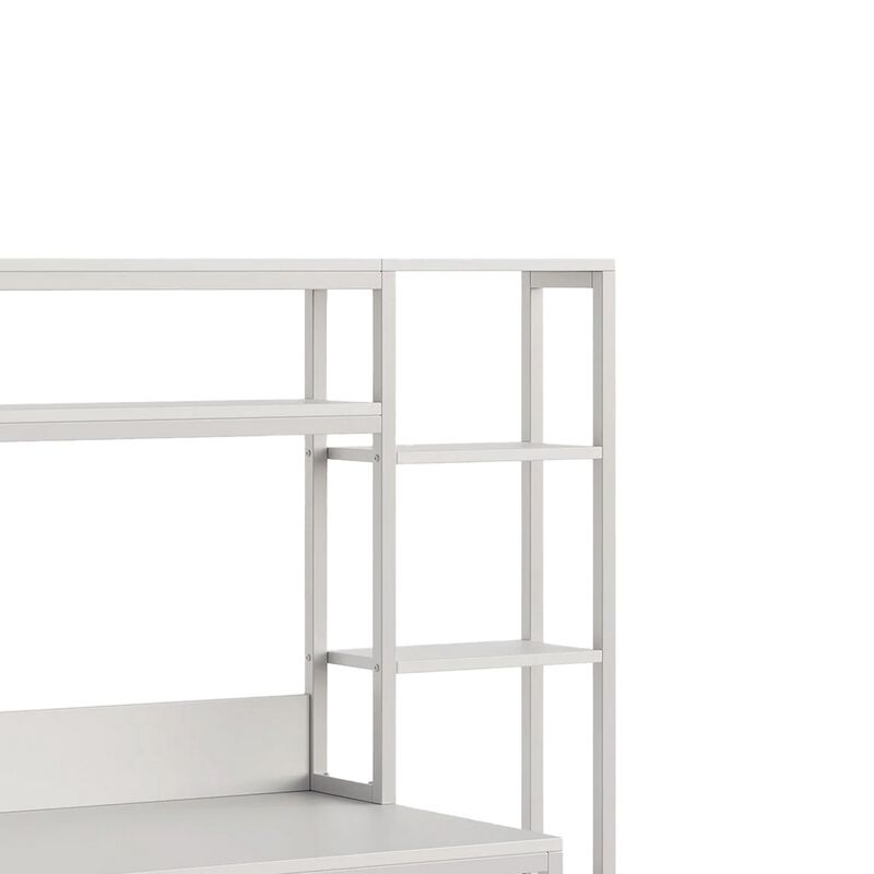 Computer Desk, 2 Drawers, Open Shelf Hutch, White Metal, 60 Inch - Benzara