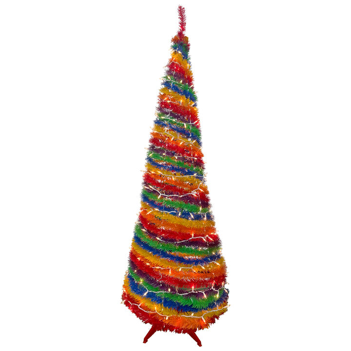 6' Pre-Lit Rainbow Tinsel Pop-Up Artificial Christmas Tree  Clear Lights