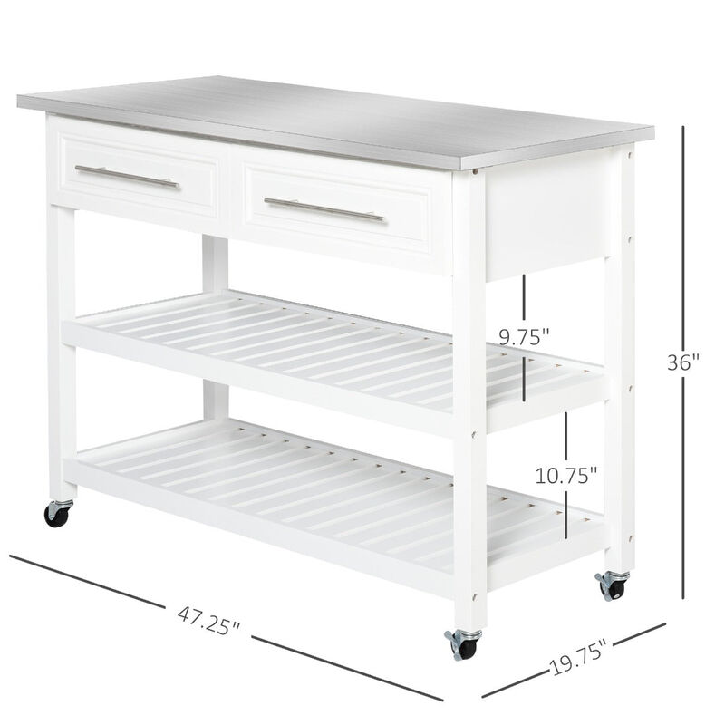 Sleek Kitchen Helper: White Rolling Cart with Steel Top & Glass Door