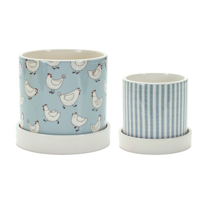 Chicken Pattern Planter With Plate (Set of 2)