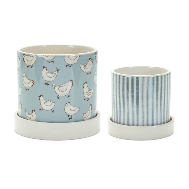 Chicken Pattern Planter With Plate (Set of 2)