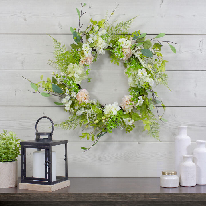Hydrangea and Fern Spring Floral Berry Wreath  Green and Pink 28"