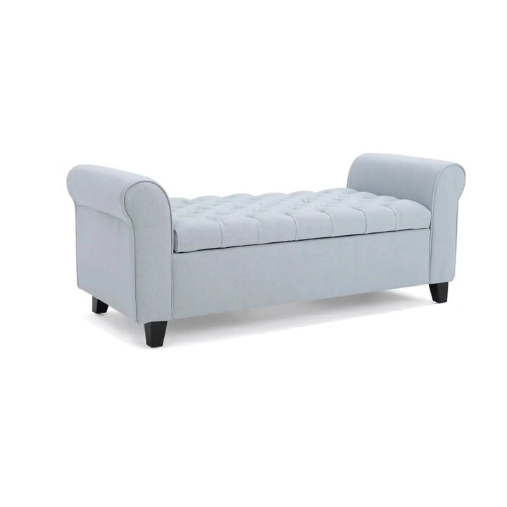 Storage Ottoman Bench, 50 Inch Light Blue, Rolled Arms, Black Wood - Benzara
