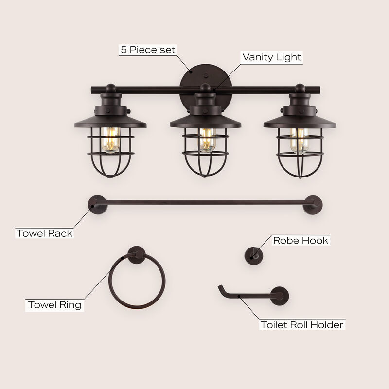 Ellis 24" 3-Light Industrial Farmhouse Vanity Light with Bathroom Hardware Accessory 5-Piece Set