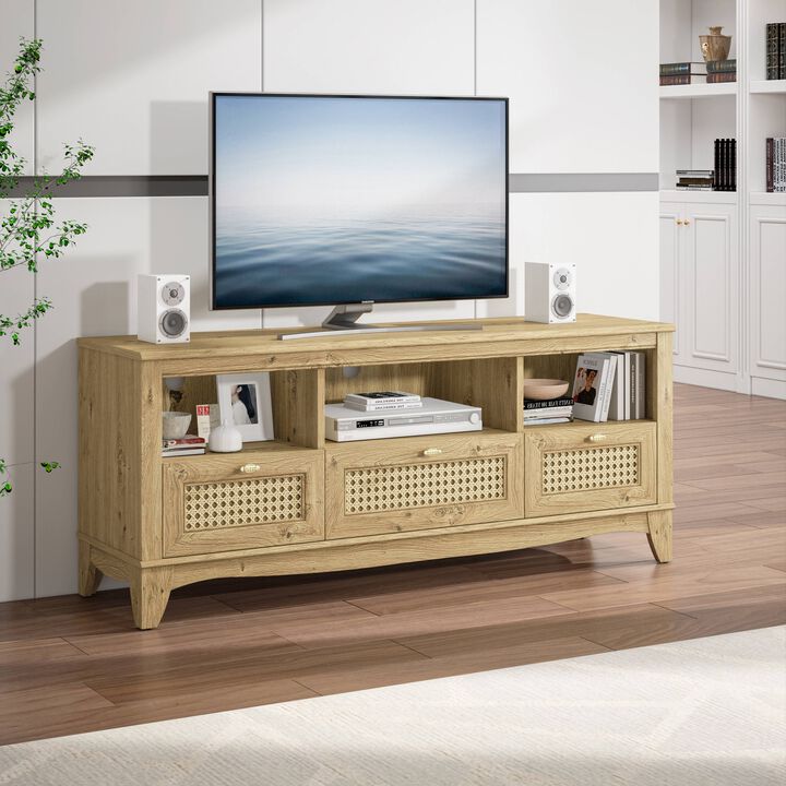 FESTIVO 55" TV Stand with Wicker Door Design for TVs up to 65"