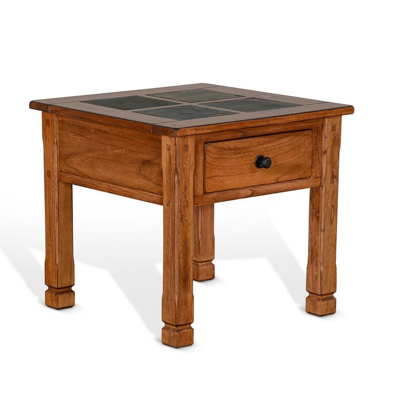 Marv Side End Table w Drawer, 26 Inch Square Slate Inlay Top, Brown - Benzara