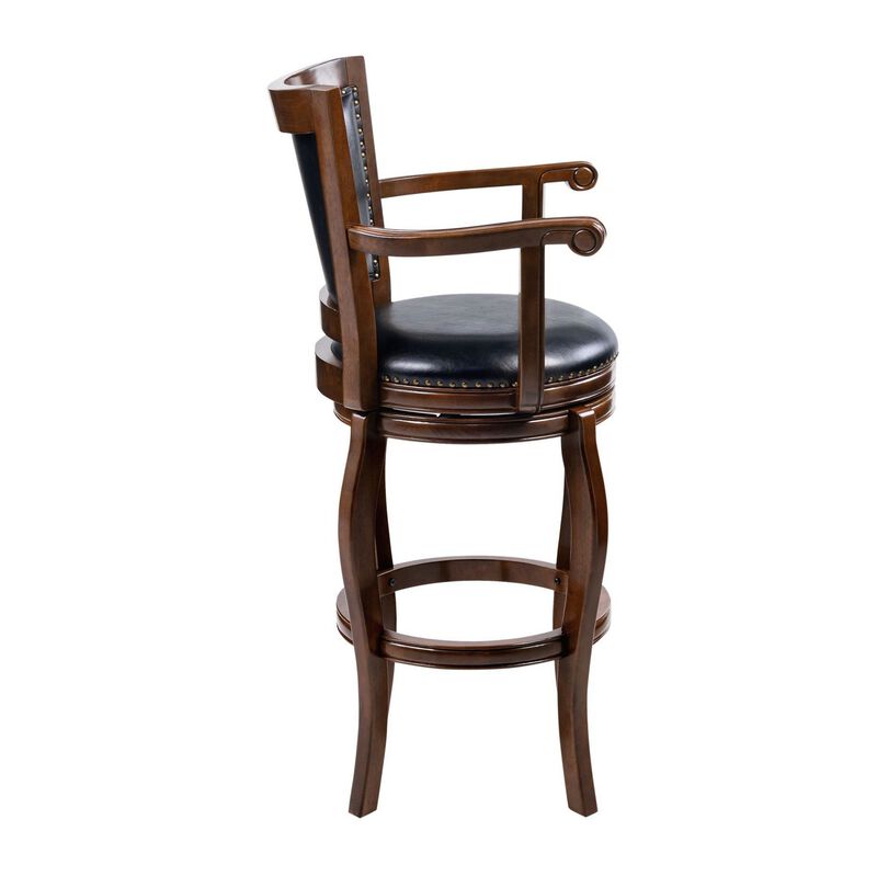 Hugo Swivel Barstool Chair, Black Faux Leather, 34 Inch Extra Tall - Benzara