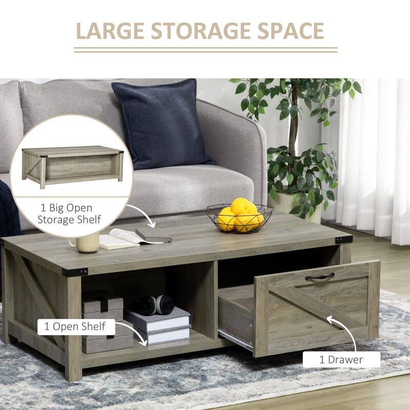 Gray Oak Living Room Table: Rustic Coffee Table with Drawer & Open Shelf