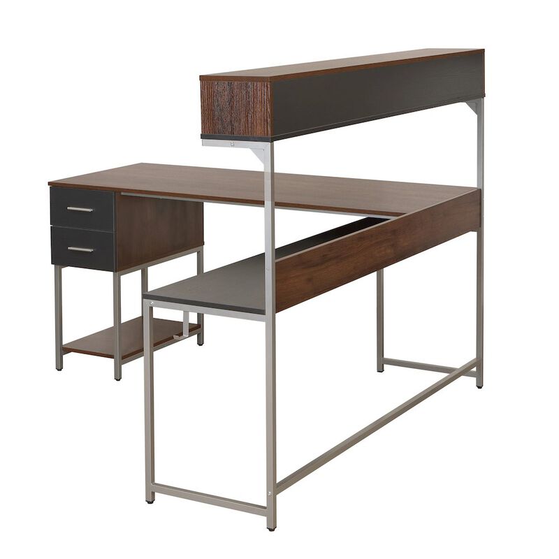 Techni Mobili L-Shape Desk with Hutch and Storage, Walnut
