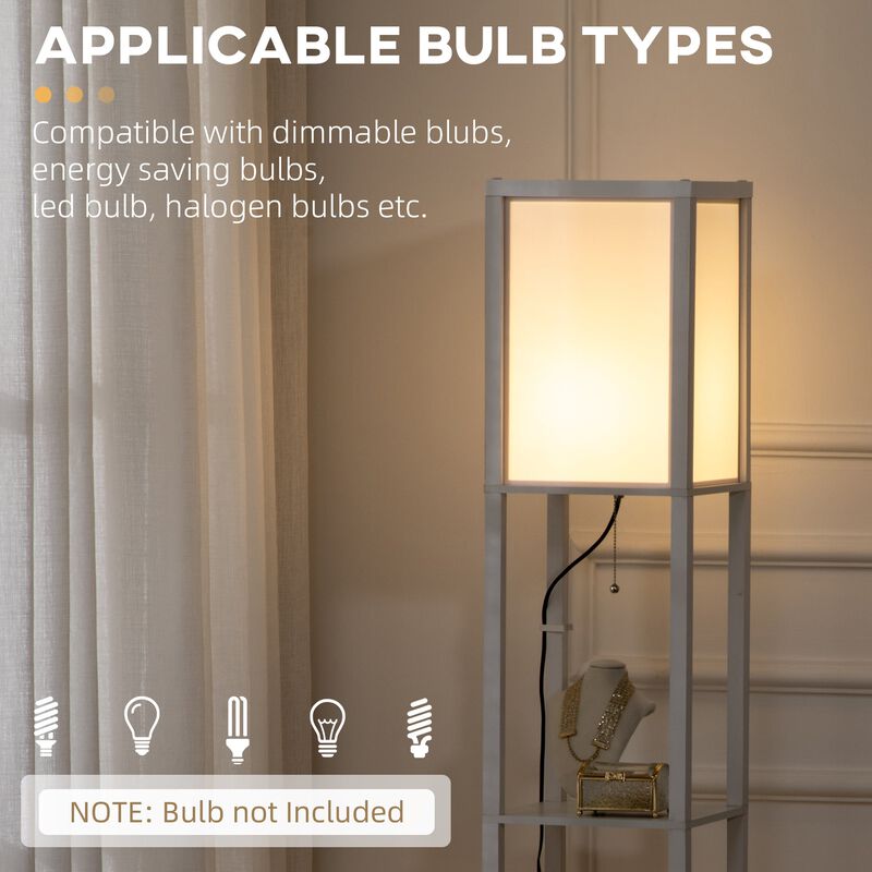 White Living Space Lighting: 2-Light Floor Lamp with Fabric Shade & Shelf