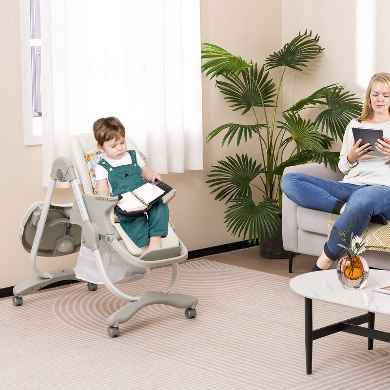 Multifunctional Folding Baby High Chair with Rolling Wheels and Adjustable Height
