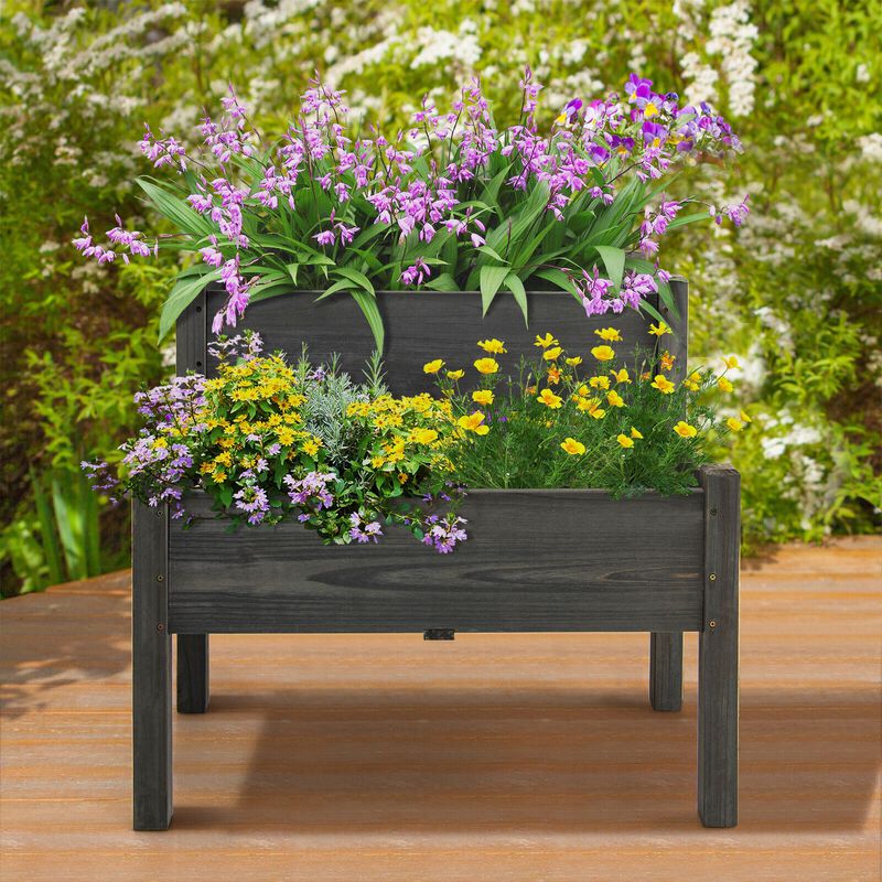 2 Tier Wooden Elevated Planter Box with Legs and Drain Holes for Balcony and Yard