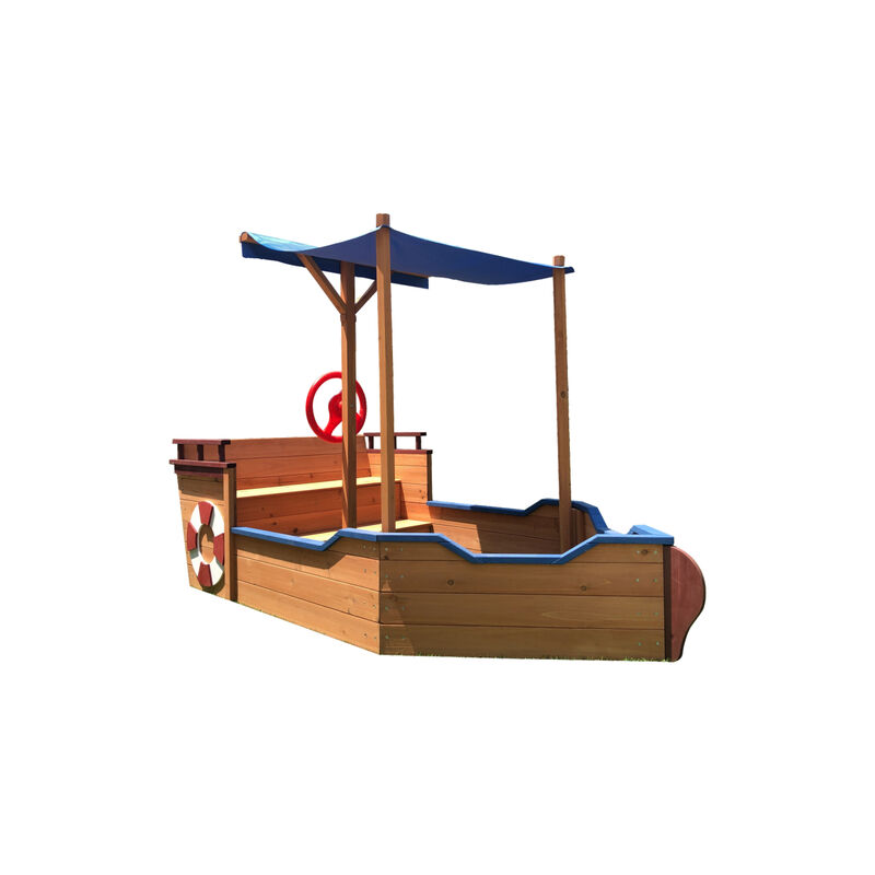 Wooden Pirate Ship Sandbox with Storage Bench & Cover