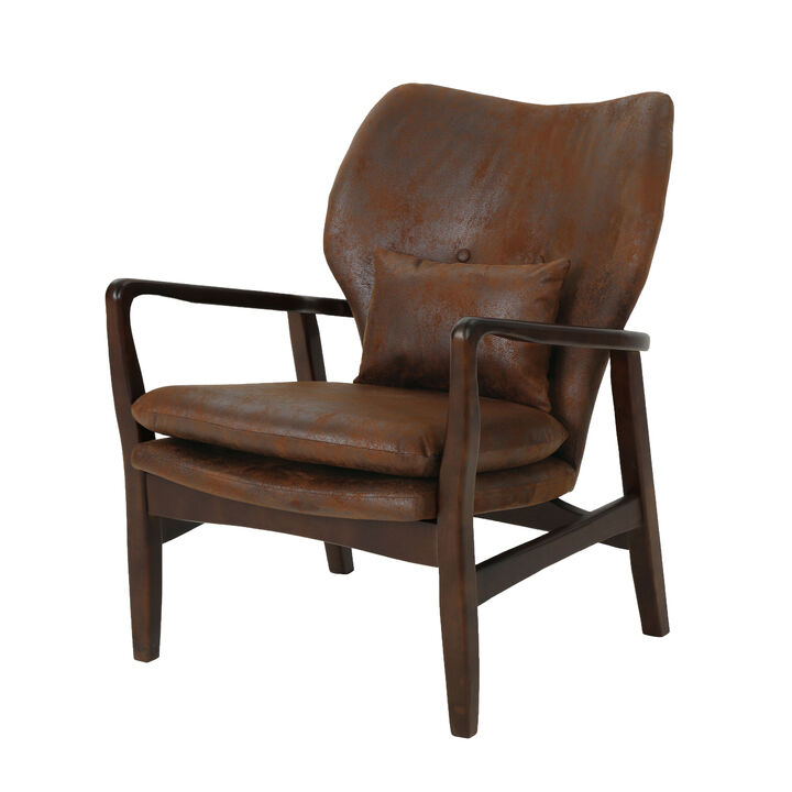 Keya Accent Chair, Dark Brown Microfiber, Button Tufted Back, Accent Pillow - Benzara