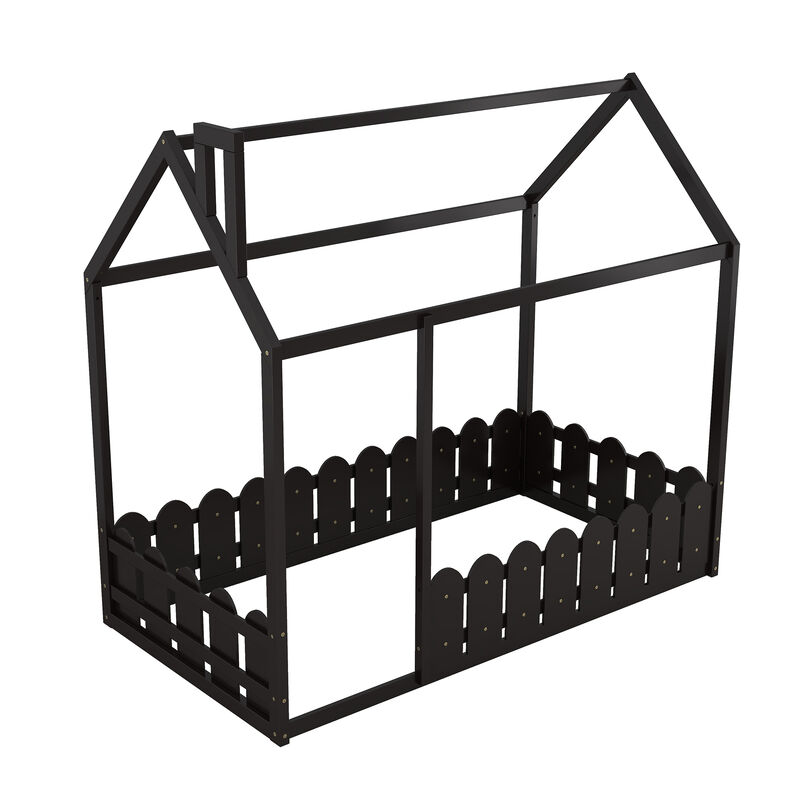 Merax Wood Bed House Bed Frame with Fence
