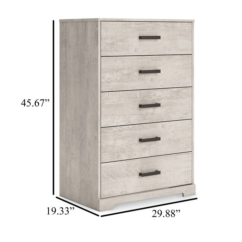 Shawn Tall Dresser Chest, 5 Drawers, Black Handles, Light Gray 46 Inch - Benzara