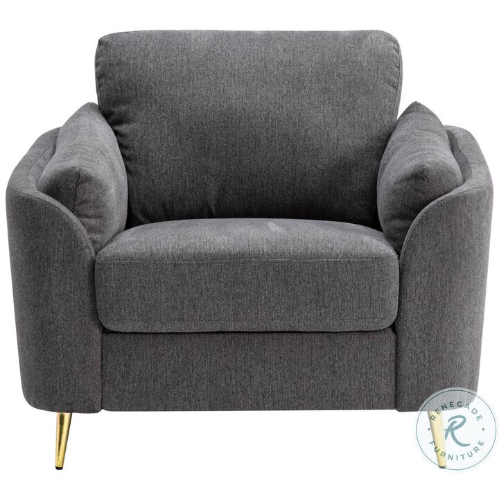 Jace 35 Inch Accent Chair, Dark Gray Polyester, Gold Metal Legs, Pillow Back-Benzara
