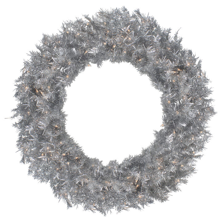 36" Pre-Lit Silver Tinsel Artificial Christmas Wreath  Clear Lights