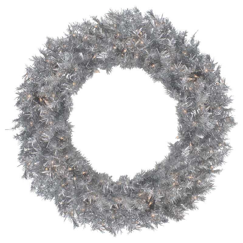 36" Pre-Lit Silver Tinsel Artificial Christmas Wreath  Clear Lights