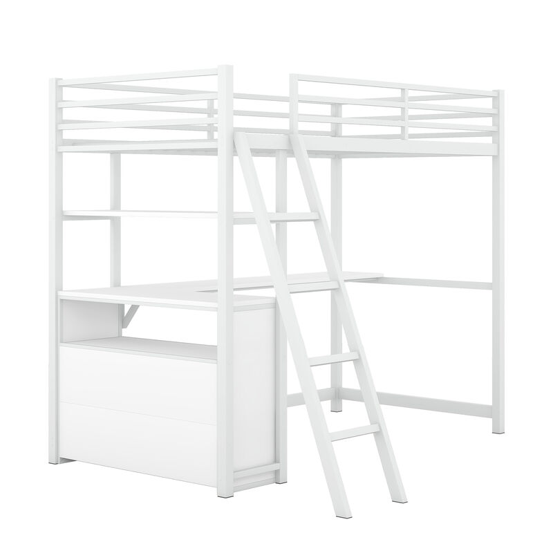 Merax Metal&Wood Loft Bed with Desk and Shelves