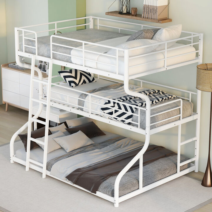 Space-Saving Triple Bunk Bed with Long and Short Ladders