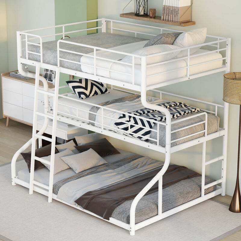 Space-Saving Triple Bunk Bed with Long and Short Ladders