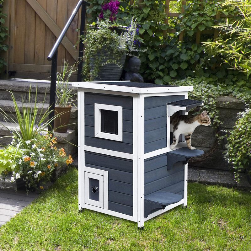 Dark Gray Feline Fortress: 2-Floor Outdoor Cat House with Window