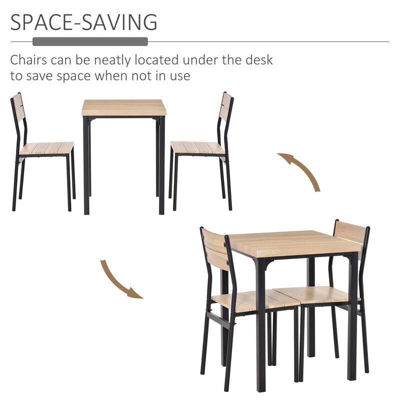 Compact Wood/Steel Dining: 3-Piece Set with Wood Grain Table & 2 Black Chairs