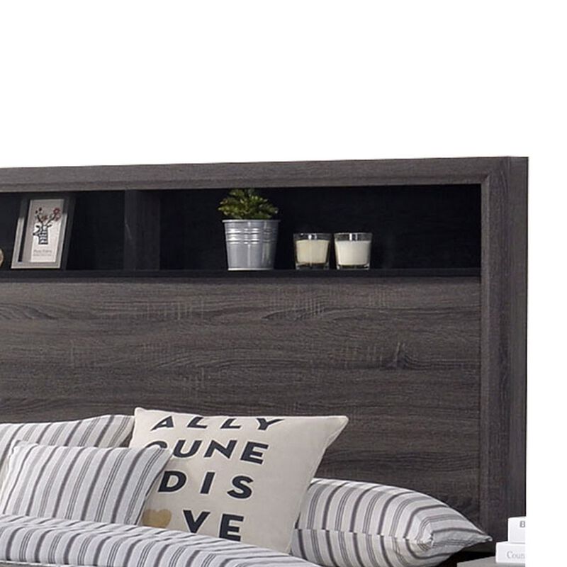 Transitional Wooden Queen Size Platform Bed with Bookcase Headboard, Gray-Benzara