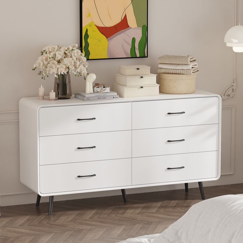 FUFU&GAGA Modern 6-Drawer Dresser, White Storage Cabinet with Black Handles & Legs, Spacious Bedroom Chest of Drawers for Clothes, Living Room & Entryway Organizer (54.9" W x 30.8" H x 15.6" D),White