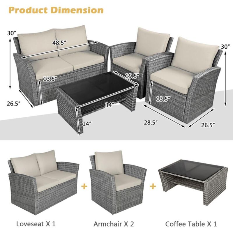 Hivvago 4 Pieces Patio Rattan Furniture Set Sofa Table with Storage Shelf Cushion