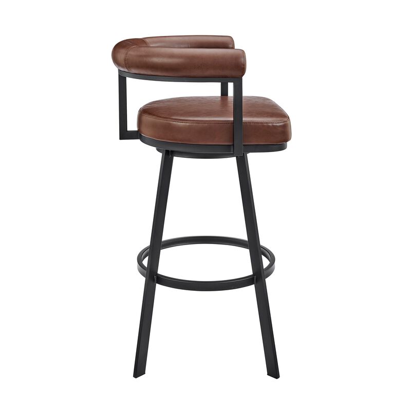 Weni 26 Inch Swivel Counter Stool Chair, Barrel Open Back, Black, Brown - Benzara