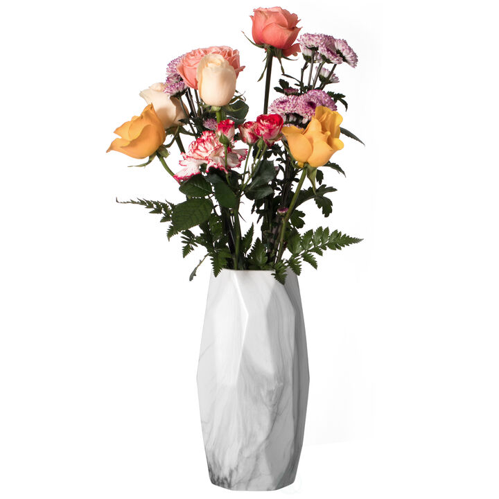 Contemporary Ceramic Marble Look Design Table Vase Geometric Flower Holder Decor, 9 Inch