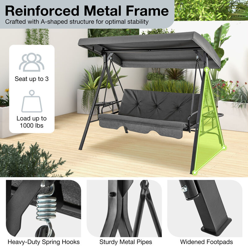 Convertible 3-Seat Patio Porch Swing Chair with Flat Bed and Adjustable Canopy