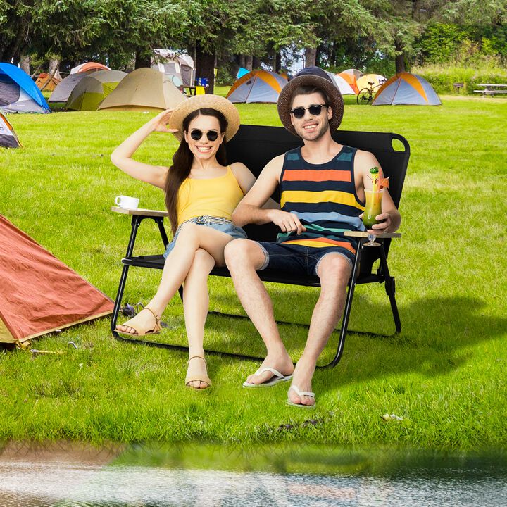Black Portable Seating: Folding Double Camping Chair with Cup Holders