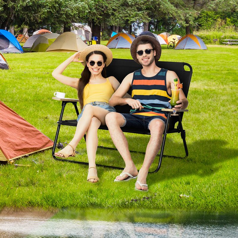 Black Portable Seating: Folding Double Camping Chair with Cup Holders