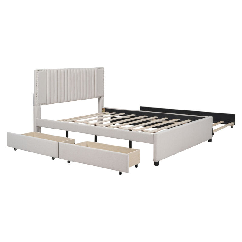 Queen Size Upholstered Platform Bed With 2 Drawers And 1 Twin XL Trundle, Classic Headboard Design