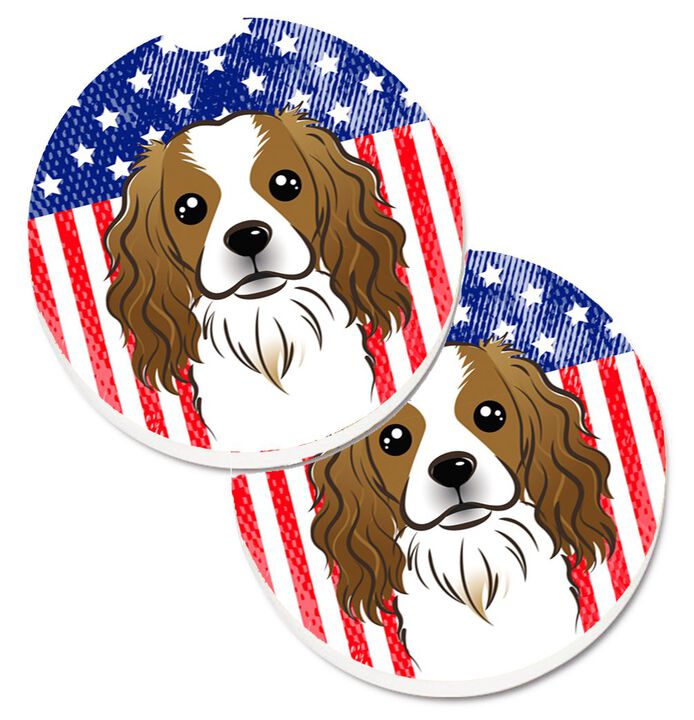 Caroline's Treasures American Flag & Cavalier Spaniel Set of 2 Cup Holder Car Coasters BB2154CARC, 2.56, Multicolor
