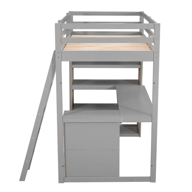 Merax Twin Size Loft Bed with Ladder, Shelves, and Desk