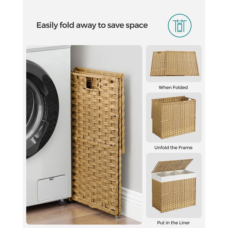 Handwoven 160L Rattan-Style Laundry Hamper with 3 Compartments and Removable Liner