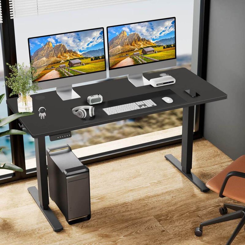 Electric Height Adjustable Standing Desk, Sit To Stand Ergonomic Computer Desk, Black, 55" X 24"